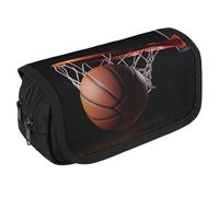 GHENBLT Basketball Pencil Case Organizer Large Capacity Cute Pen Pouch with 3 Compartment Office Stationery Large Pencil Bags with Zipper Fabric Pen Bag for Adults Portable Makeup Bag (Black)