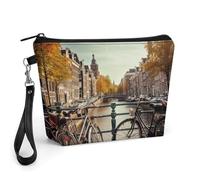 GHENBLT Bicycles in Amsterdam Cosmetic Bag for Women Makeup Organizer with Wide Opening & Handle Waterproof PU Leather Zipper Pouch Portable Toiletry Bag for Skincare Brush Travel Essentials