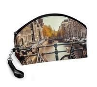 GHENBLT Bicycles in Amsterdam Cosmetic Bag for Women Makeup Organizer with Wide Opening & Handle Waterproof PU Leather Zipper Pouch Portable Toiletry Bag for Skincare Brush Travel Essentials