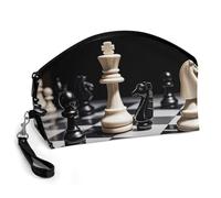 GHENBLT Black And White Chess Cosmetic Bag for Women Makeup Organizer with Wide Opening & Handle Waterproof PU Leather Zipper Pouch Portable Toiletry Bag for Skincare Brush Travel Essentials