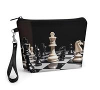 GHENBLT Black And White Chess Cosmetic Bag for Women Makeup Organizer with Wide Opening & Handle Waterproof PU Leather Zipper Pouch Portable Toiletry Bag for Skincare Brush Travel Essentials