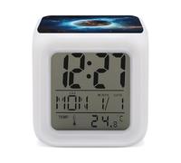 GHENBLT Blue Earth in The Space Alarm Clocks LED Digital Clock with 7 Colors Changing 3" Cube Wake Up Clock with Temperature Snooze Silent Night Light Battery Operated Beside Lamp for Bedroom Decor