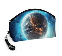GHENBLT Blue Earth In The Space Cosmetic Bag for Women Makeup Organizer with Wide Opening & Handle Waterproof PU Leather Zipper Pouch Portable Toiletry Bag for Skincare Brush Travel Essentials