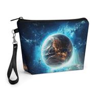 GHENBLT Blue Earth In The Space Cosmetic Bag for Women Makeup Organizer with Wide Opening & Handle Waterproof PU Leather Zipper Pouch Portable Toiletry Bag for Skincare Brush Travel Essentials
