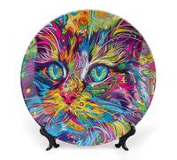 GHENBLT Bone China Decorative Plates for Display 10inch Ceramic A Psychedelic Cat Dinner Plate with Display Stand Wall Hanging Large Porcelain Salad Plate for Wedding Bridal Tea Party Supplies