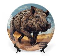 GHENBLT Bone China Decorative Plates for Display 6inch Ceramic Cartoon Wild Boar Dinner Plate with Display Stand Wall Hanging Large Porcelain Salad Plate for Wedding Bridal Tea Party Supplies