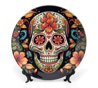 GHENBLT Bone China Decorative Plates for Display 7inch Ceramic Colorful Sugar Skull Dinner Plate with Display Stand Wall Hanging Large Porcelain Salad Plate for Wedding Bridal Tea Party Supplies