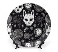 GHENBLT Bone China Decorative Plates for Display 7inch Ceramic Skull Cat Moon Gothic Dinner Plate with Display Stand Wall Hanging Large Porcelain Salad Plate for Wedding Bridal Tea Party Supplies