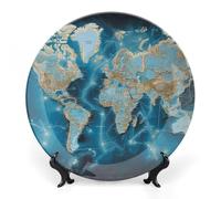 GHENBLT Bone China Decorative Plates for Display 7inch Ceramic World Map Dinner Plate with Display Stand Wall Hanging Large Porcelain Salad Plate for Wedding Bridal Tea Party Supplies