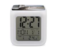 GHENBLT Cat on The Windowsill Alarm Clocks LED Digital Clock with 7 Colors Changing 3" Cube Wake Up Clock with Temperature Snooze Silent Night Light Battery Operated Beside Lamp for Bedroom Decor