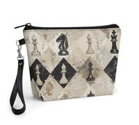 GHENBLT Chess Piece Brown Cosmetic Bag for Women Makeup Organizer with Wide Opening & Handle Waterproof PU Leather Zipper Pouch Portable Toiletry Bag for Skincare Brush Travel Essentials