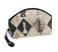 GHENBLT Chess Piece Brown Cosmetic Bag for Women Makeup Organizer with Wide Opening & Handle Waterproof PU Leather Zipper Pouch Portable Toiletry Bag for Skincare Brush Travel Essentials