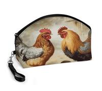 GHENBLT Chicken And Rooster Print Cosmetic Bag for Women Makeup Organizer with Wide Opening & Handle Waterproof PU Leather Zipper Pouch Portable Toiletry Bag for Skincare Brush Travel Essentials