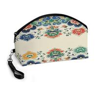 GHENBLT Chinese Border Pattern Cosmetic Bag for Women Makeup Organizer with Wide Opening & Handle Waterproof PU Leather Zipper Pouch Portable Toiletry Bag for Skincare Brush Travel Essentials