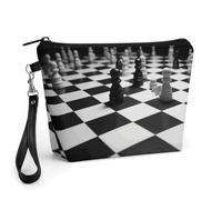 GHENBLT Chinese Chess Cosmetic Bag for Women Makeup Organizer with Wide Opening & Handle Waterproof PU Leather Zipper Pouch Portable Toiletry Bag for Skincare Brush Travel Essentials