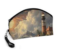 GHENBLT Coast Wave And Lighthouse Cosmetic Bag for Women Makeup Organizer with Wide Opening & Handle Waterproof PU Leather Zipper Pouch Portable Toiletry Bag for Skincare Brush Travel Essentials