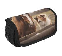 GHENBLT Collie Dog Horse Pencil Case Organizer Large Capacity Cute Pen Pouch with 3 Compartment Office Stationery Large Pencil Bags with Zipper Fabric Pen Bag for Adults Portable Makeup Bag (Black)