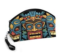 GHENBLT Colorful Tiki Mask Pattern Cosmetic Bag for Women Makeup Organizer with Wide Opening & Handle Waterproof PU Leather Zipper Pouch Portable Toiletry Bag for Skincare Brush Travel Essentials