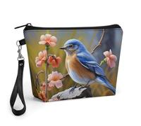 GHENBLT Cute Bluebird Cosmetic Bag for Women Makeup Organizer with Wide Opening & Handle Waterproof PU Leather Zipper Pouch Portable Toiletry Bag for Skincare Brush Travel Essentials