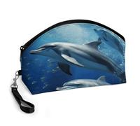 GHENBLT Cute Dolphins Cosmetic Bag for Women Makeup Organizer with Wide Opening & Handle Waterproof PU Leather Zipper Pouch Portable Toiletry Bag for Skincare Brush Travel Essentials
