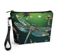 GHENBLT Dragonfly Green Cosmetic Bag for Women Makeup Organizer with Wide Opening & Handle Waterproof PU Leather Zipper Pouch Portable Toiletry Bag for Skincare Brush Travel Essentials