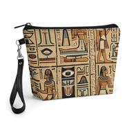 GHENBLT Egyptian Hieroglyph Cosmetic Bag for Women Makeup Organizer with Wide Opening & Handle Waterproof PU Leather Zipper Pouch Portable Toiletry Bag for Skincare Brush Travel Essentials