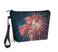 GHENBLT Firework American Flag Cosmetic Bag for Women Makeup Organizer with Wide Opening & Handle Waterproof PU Leather Zipper Pouch Portable Toiletry Bag for Skincare Brush Travel Essentials