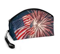 GHENBLT Firework American Flag Cosmetic Bag for Women Makeup Organizer with Wide Opening & Handle Waterproof PU Leather Zipper Pouch Portable Toiletry Bag for Skincare Brush Travel Essentials