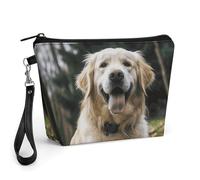 GHENBLT Funny Golden Retriever Cosmetic Bag for Women Makeup Organizer with Wide Opening & Handle Waterproof PU Leather Zipper Pouch Portable Toiletry Bag for Skincare Brush Travel Essentials