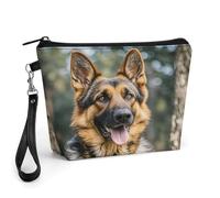 GHENBLT German Shepherd Cosmetic Bag for Women Makeup Organizer with Wide Opening & Handle Waterproof PU Leather Zipper Pouch Portable Toiletry Bag for Skincare Brush Travel Essentials