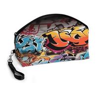 GHENBLT Graffiti Hip Hop Cosmetic Bag for Women Makeup Organizer with Wide Opening & Handle Waterproof PU Leather Zipper Pouch Portable Toiletry Bag for Skincare Brush Travel Essentials