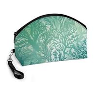 GHENBLT Green Sea Blue Seaweed Cosmetic Bag for Women Makeup Organizer with Wide Opening & Handle Waterproof PU Leather Zipper Pouch Portable Toiletry Bag for Skincare Brush Travel Essentials