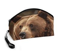 GHENBLT Grizzly Bear Cosmetic Bag for Women Makeup Organizer with Wide Opening & Handle Waterproof PU Leather Zipper Pouch Portable Toiletry Bag for Skincare Brush Travel Essentials