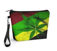 GHENBLT Jamaica Flag Leaves Cosmetic Bag for Women Makeup Organizer with Wide Opening & Handle Waterproof PU Leather Zipper Pouch Portable Toiletry Bag for Skincare Brush Travel Essentials