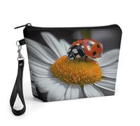 GHENBLT Ladybug Daisy Cosmetic Bag for Women Makeup Organizer with Wide Opening & Handle Waterproof PU Leather Zipper Pouch Portable Toiletry Bag for Skincare Brush Travel Essentials