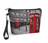 GHENBLT London Red Telephone Booth Cosmetic Bag for Women Makeup Organizer with Wide Opening & Handle Waterproof PU Leather Zipper Pouch Portable Toiletry Bag for Skincare Brush Travel Essentials