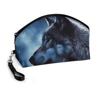 GHENBLT Lonely Wolf Cosmetic Bag for Women Makeup Organizer with Wide Opening & Handle Waterproof PU Leather Zipper Pouch Portable Toiletry Bag for Skincare Brush Travel Essentials