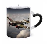 GHENBLT Magic World War 2 Aircraft Color Changing Mug 11 Oz Reveals Surprise Design with Hot Coffee Heat Sensitive Black Ceramic Cup Fun Novelty Gift for Christmas Birthday Office for Men Women