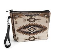 GHENBLT Native American Cosmetic Bag for Women Makeup Organizer with Wide Opening & Handle Waterproof PU Leather Zipper Pouch Portable Toiletry Bag for Skincare Brush Travel Essentials