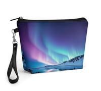 GHENBLT Northern Lights Cosmetic Bag for Women Makeup Organizer with Wide Opening & Handle Waterproof PU Leather Zipper Pouch Portable Toiletry Bag for Skincare Brush Travel Essentials
