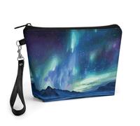 GHENBLT Northern Lights Cosmetic Bag for Women Makeup Organizer with Wide Opening & Handle Waterproof PU Leather Zipper Pouch Portable Toiletry Bag for Skincare Brush Travel Essentials