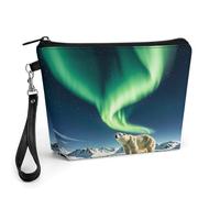 GHENBLT Northern Lights Polar Bear Cosmetic Bag for Women Makeup Organizer with Wide Opening & Handle Waterproof PU Leather Zipper Pouch Portable Toiletry Bag for Skincare Brush Travel Essentials