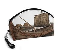 GHENBLT Old Viking Boat Cosmetic Bag for Women Makeup Organizer with Wide Opening & Handle Waterproof PU Leather Zipper Pouch Portable Toiletry Bag for Skincare Brush Travel Essentials