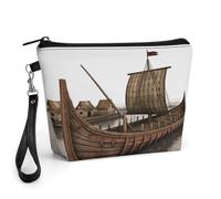 GHENBLT Old Viking Boat Cosmetic Bag for Women Makeup Organizer with Wide Opening & Handle Waterproof PU Leather Zipper Pouch Portable Toiletry Bag for Skincare Brush Travel Essentials