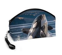 GHENBLT Orca Killer Whale Cosmetic Bag for Women Makeup Organizer with Wide Opening & Handle Waterproof PU Leather Zipper Pouch Portable Toiletry Bag for Skincare Brush Travel Essentials
