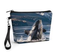 GHENBLT Orca Killer Whale Cosmetic Bag for Women Makeup Organizer with Wide Opening & Handle Waterproof PU Leather Zipper Pouch Portable Toiletry Bag for Skincare Brush Travel Essentials