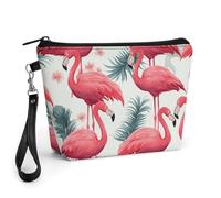 GHENBLT Pink Flamingo Pattern Cosmetic Bag for Women Makeup Organizer with Wide Opening & Handle Waterproof PU Leather Zipper Pouch Portable Toiletry Bag for Skincare Brush Travel Essentials