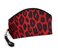 GHENBLT Red Leopard Pattern Cosmetic Bag for Women Makeup Organizer with Wide Opening & Handle Waterproof PU Leather Zipper Pouch Portable Toiletry Bag for Skincare Brush Travel Essentials