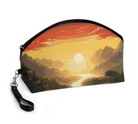 GHENBLT Rising Sun Cosmetic Bag for Women Makeup Organizer with Wide Opening & Handle Waterproof PU Leather Zipper Pouch Portable Toiletry Bag for Skincare Brush Travel Essentials