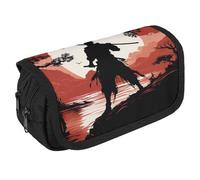 GHENBLT Samurai Pencil Case Organizer Large Capacity Cute Pen Pouch with 3 Compartment Office Stationery Large Pencil Bags with Zipper Fabric Pen Bag for Adults Portable Makeup Bag (Black)